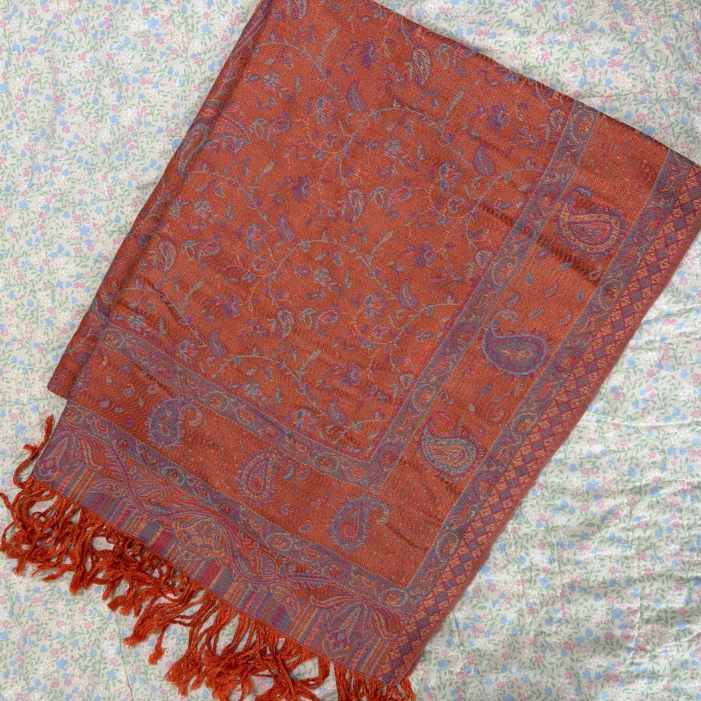 Burnt Orange Paisley Pashmina Shawl Viscose Blend Fringed Wrap Scarf